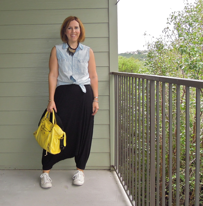 fashion blogger outfit, eileen fisher harem pants, balenciaga city bag, cdg x play converse sneakers, madewell chambray