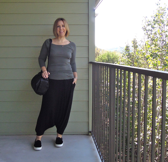fashion blogger outfit, eileen fisher harem pants, vince blair sneakers, james perse top, alexander wang rockie bag