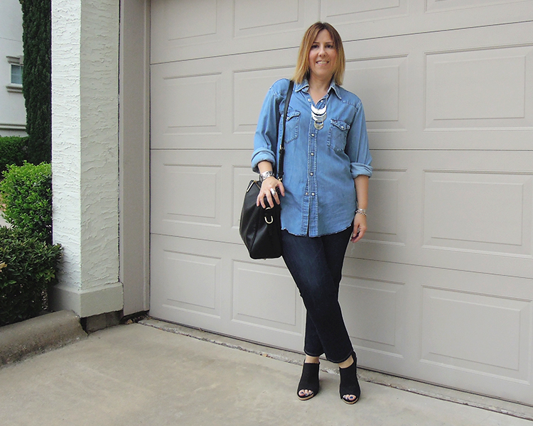 double denim outfit, fashion blogger outfit, 3.1 phillip lim ryder satchel, eileen fisher sandals