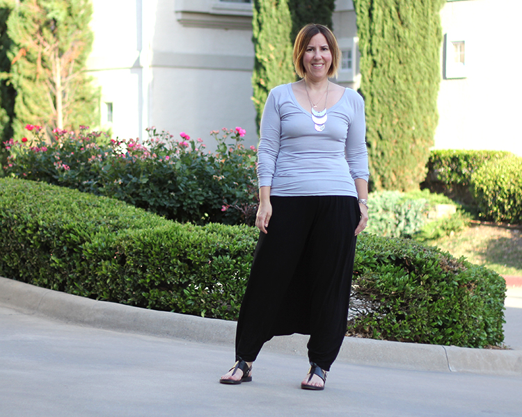 fashion blogger outfit, eileen fisher harem pants, james perse