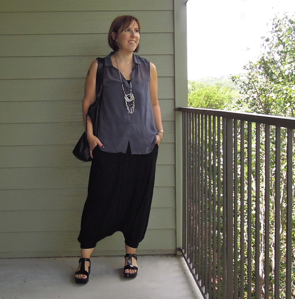 eileen fisher harem pants review, eileen fisher, harem pants outfit, robert clergerie pepo sandals