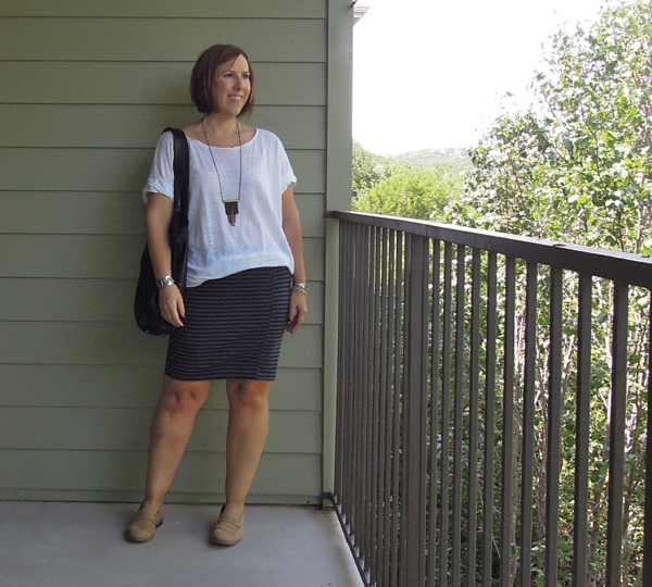 madewell ridgestripe skirt outfit, joie linen tee, dieppa restrepo loafers, fashion blogger outfit