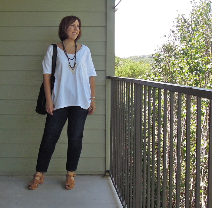 skargorn tee review, ag jeans, no6 clogs, custom leather tote made in austin