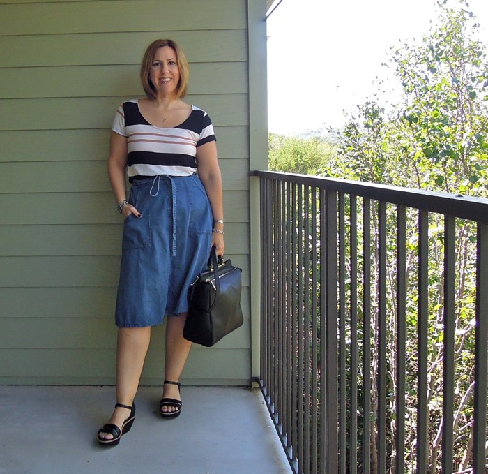 fashion blogger outfit, 3.1 phillip lim ryder satchel, madewell denim skirt, splendid striped top