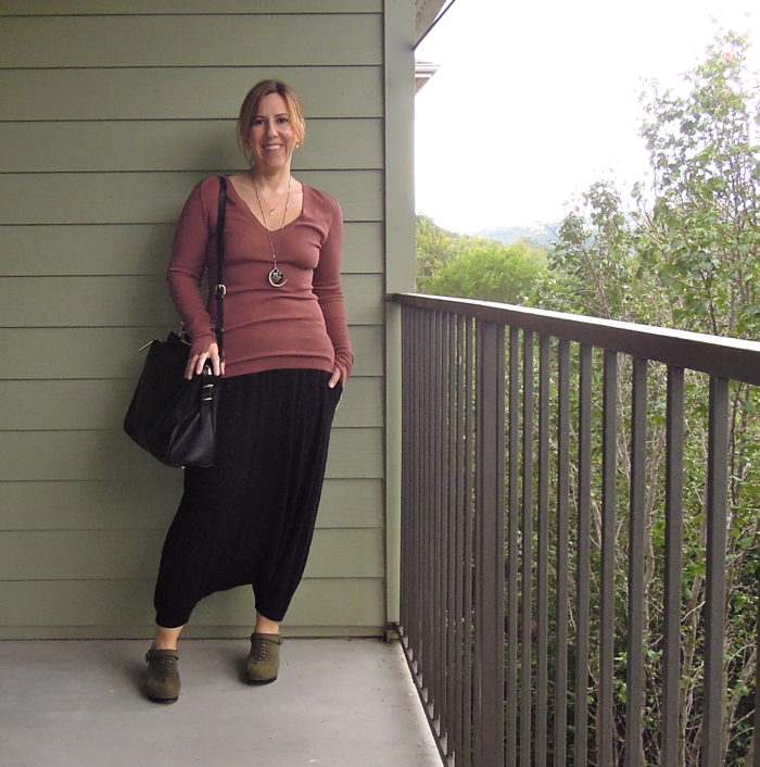fashion blogger outfit, eileen fisher harem pants, no6 clogs, inhabit ny cotton sweater, review, 3.1 phillip lim ryder satchel, ebay